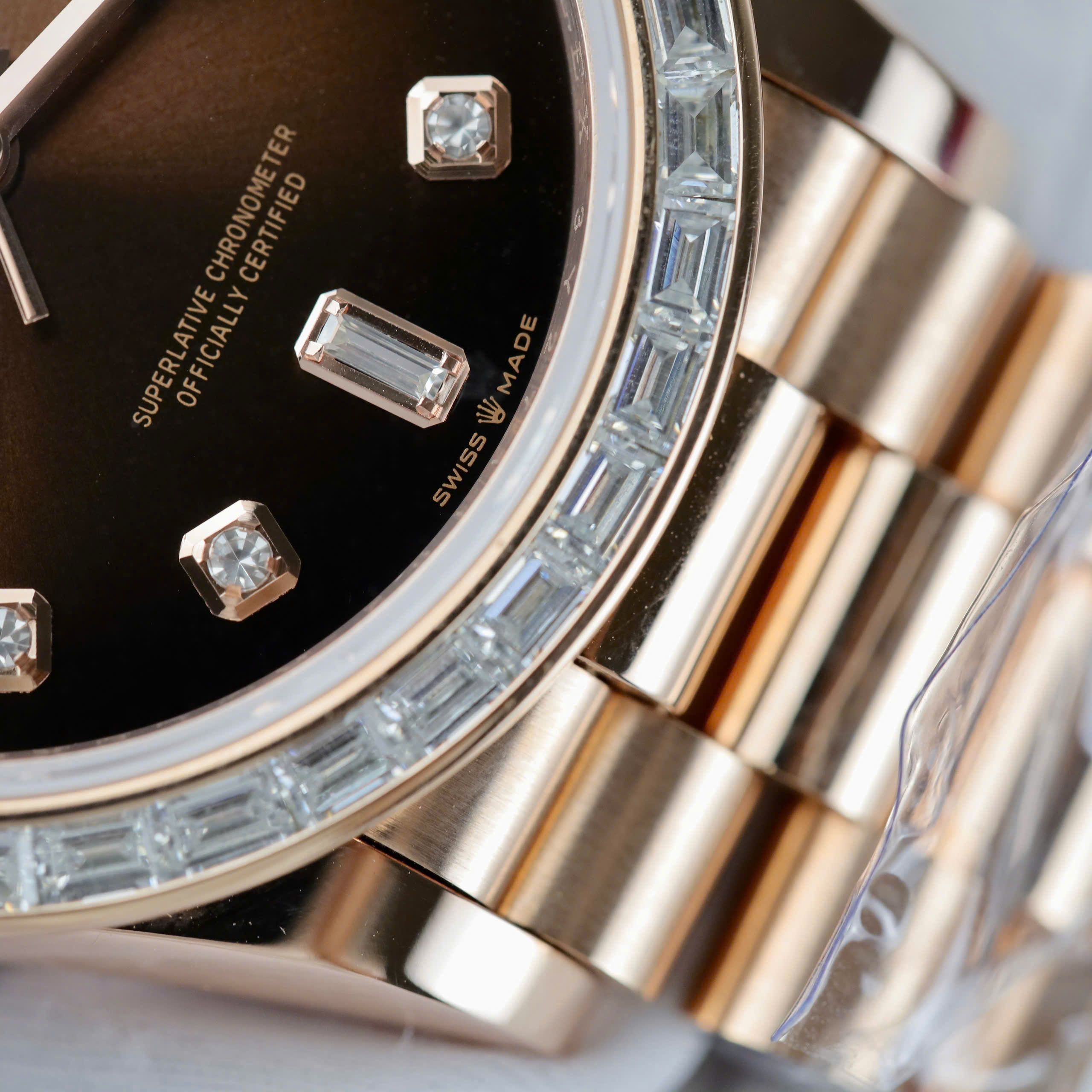 Rolex Day-Date Imitation Watch Chocolate Dial Bezel Moissanite Baguette 18K Gold Wrapped 36mm (4)