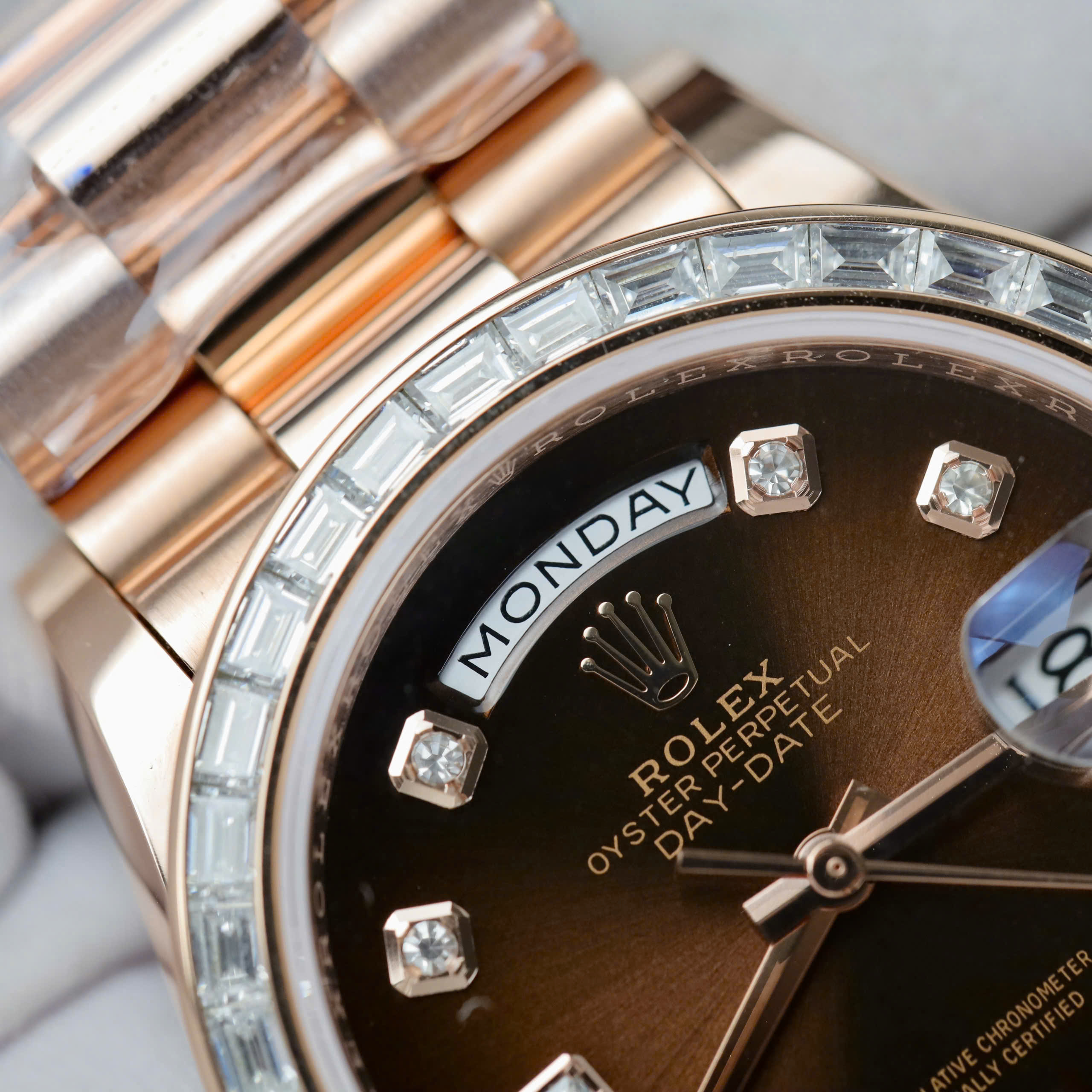 Rolex Day-Date Imitation Watch Chocolate Dial Bezel Moissanite Baguette 18K Gold Wrapped 36mm (5)