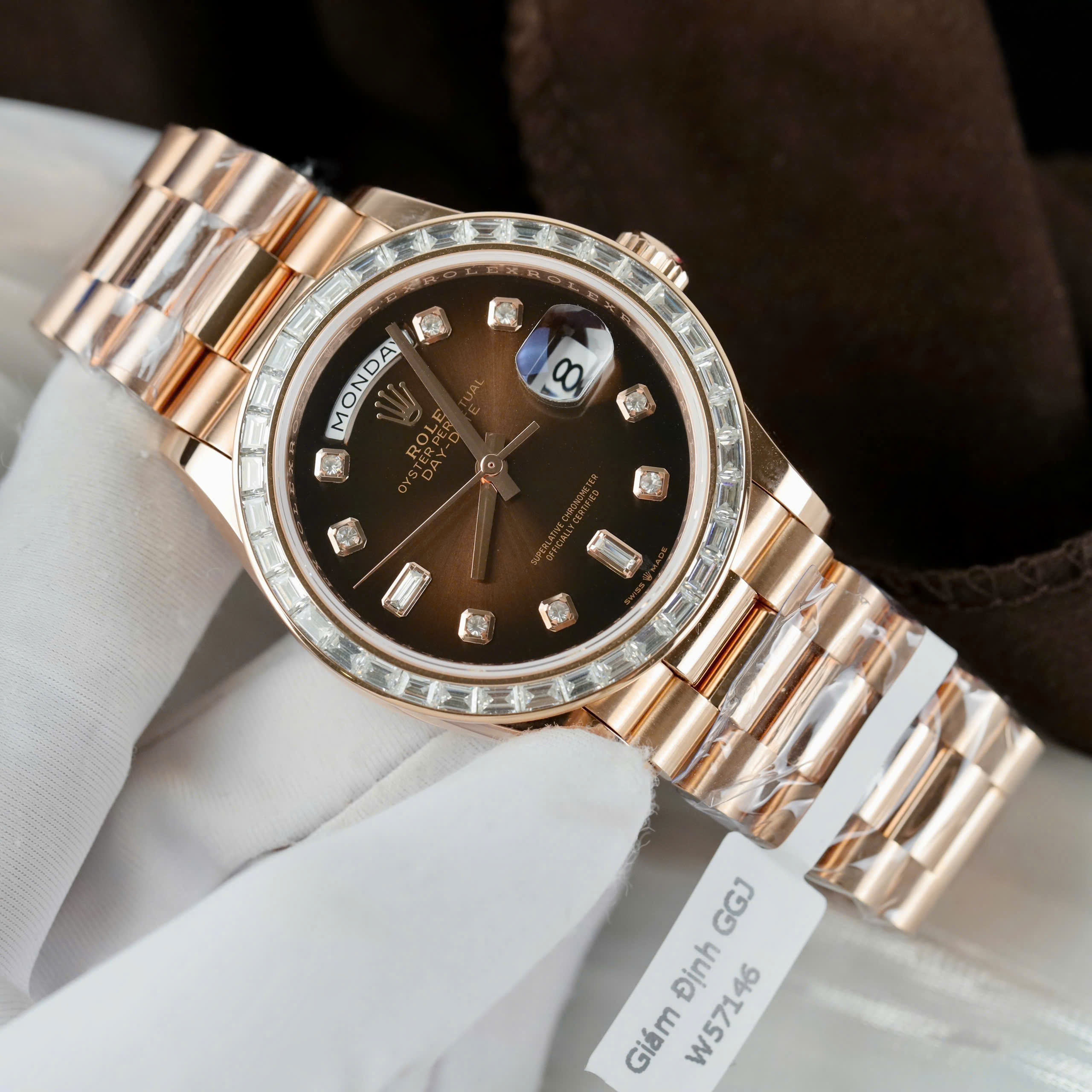 Rolex Day-Date Imitation Watch Chocolate Dial Bezel Moissanite Baguette 18K Gold Wrapped 36mm (6)