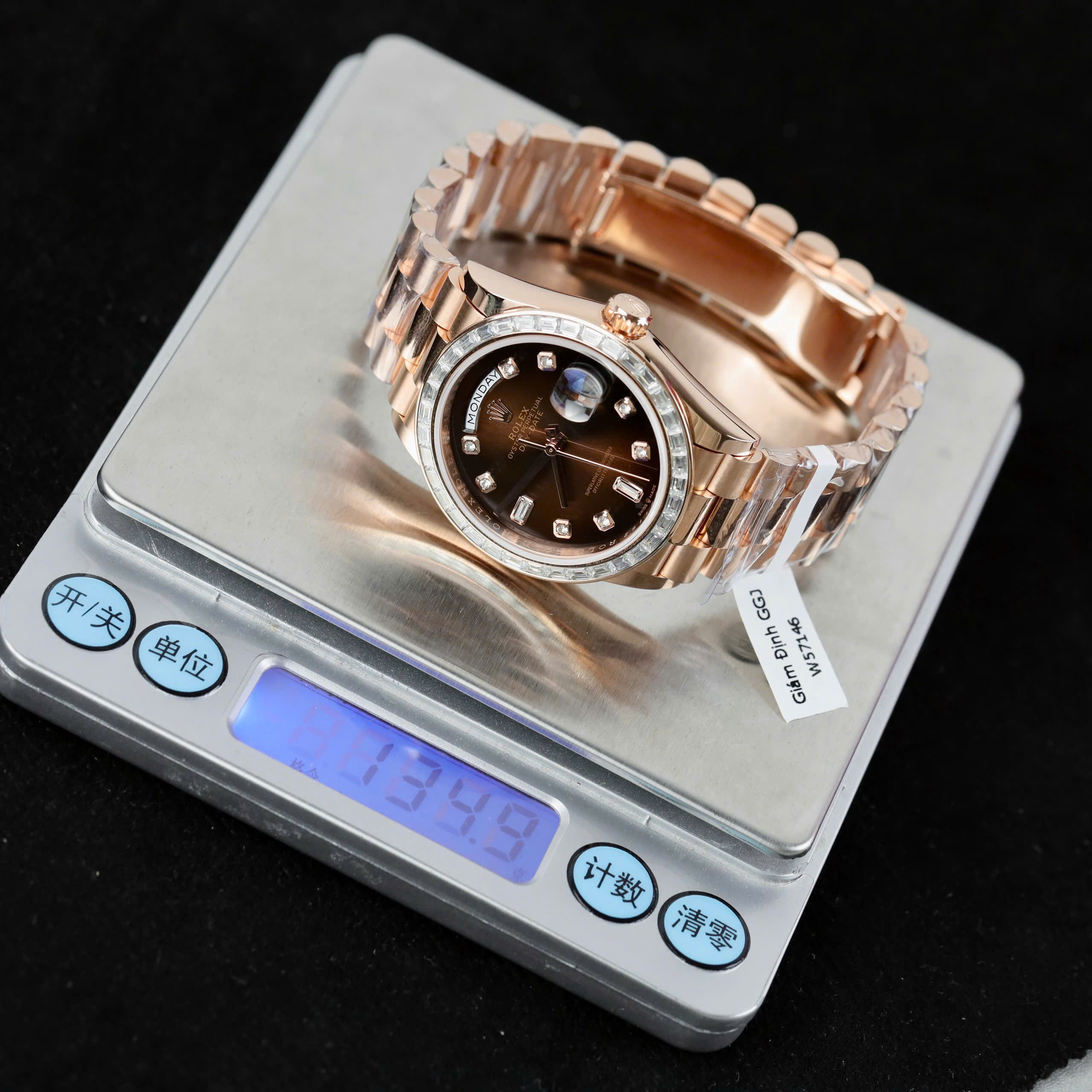 Rolex Day-Date Imitation Watch Chocolate Dial Bezel Moissanite Baguette 18K Gold Wrapped 36mm (8)