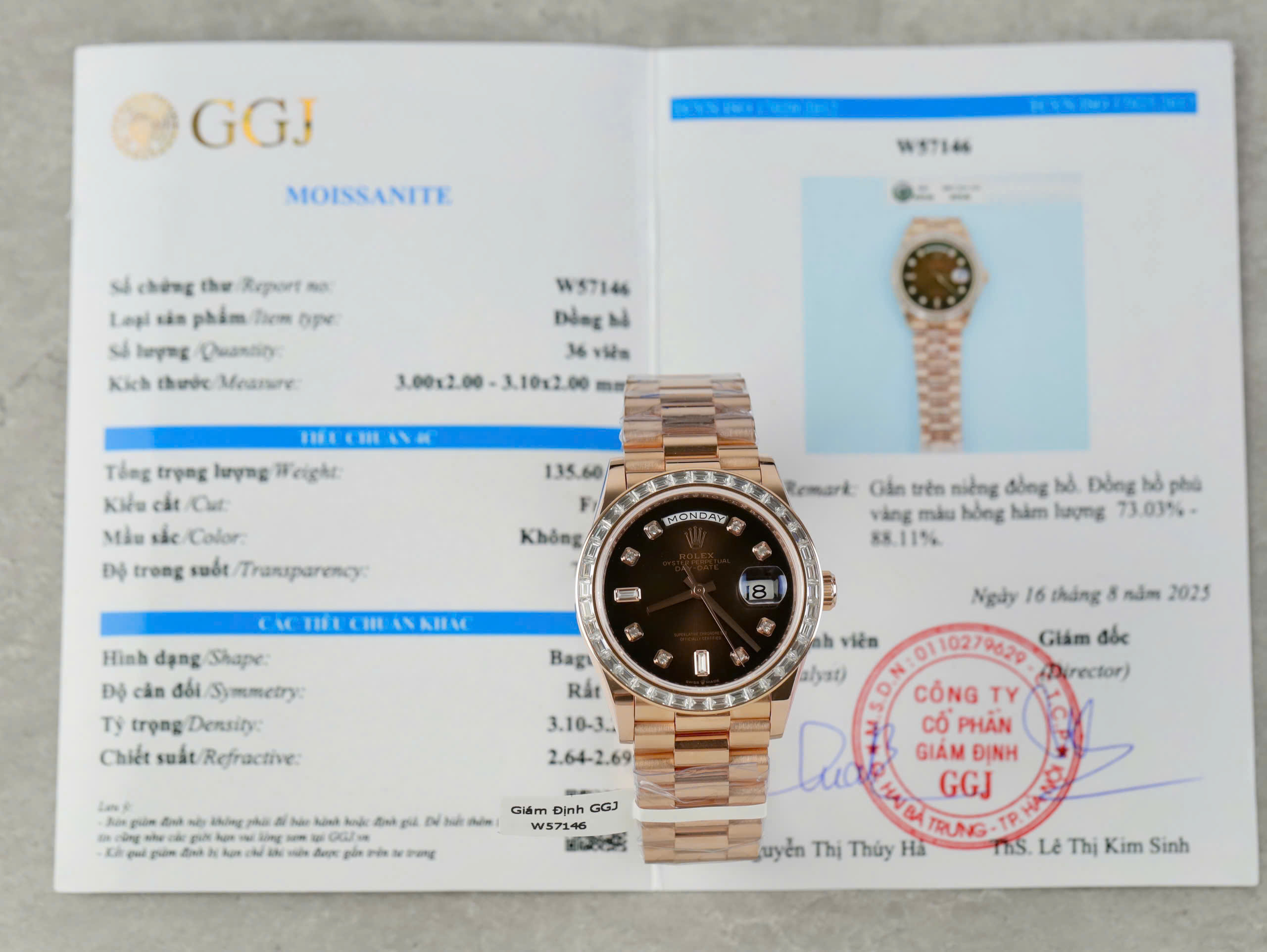 Rolex Day-Date Imitation Watch Chocolate Dial Bezel Moissanite Baguette 18K Gold Wrapped 36mm (9)