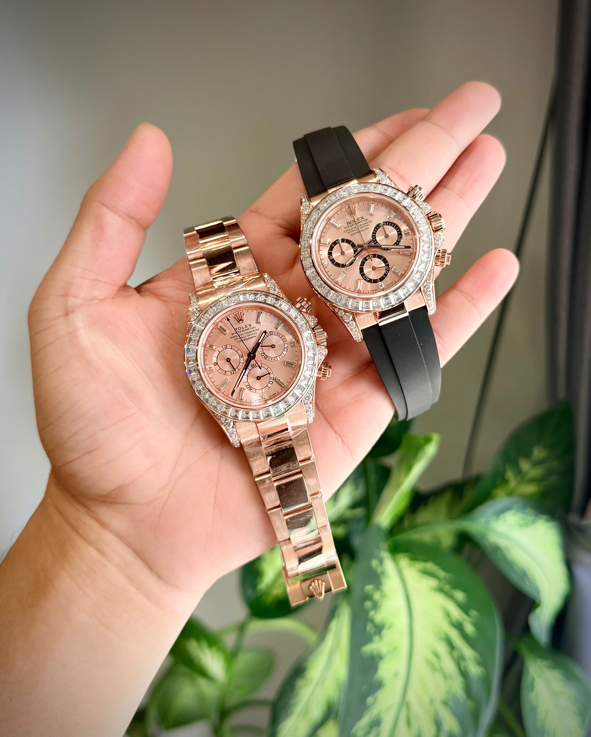 Rolex Daytona Good Imitation Watch Rose Gold Wrapped Bezel Diamond Moissanite Sundust Dial 40mm (2)