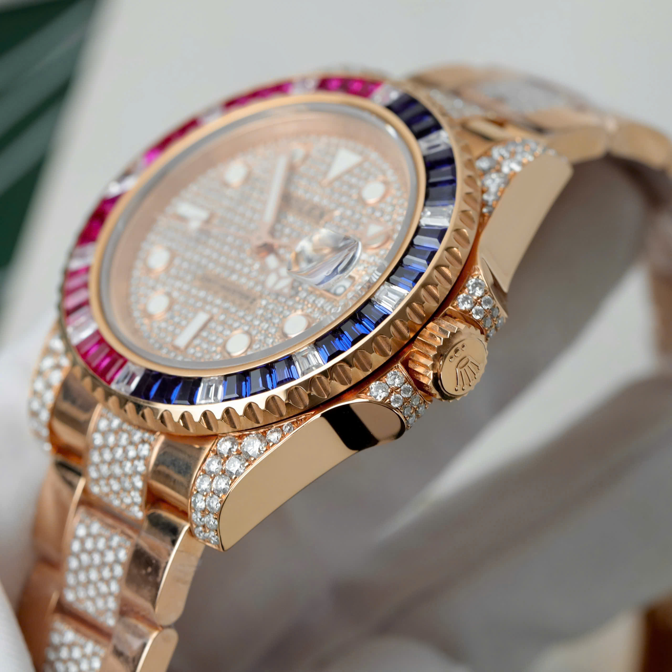 Rolex GMT-Master II 126755 SARU Luxury Replica Watch 18K Gold Wraaped Moissanite Dial Bezel Ruby Gem 40mm (3)