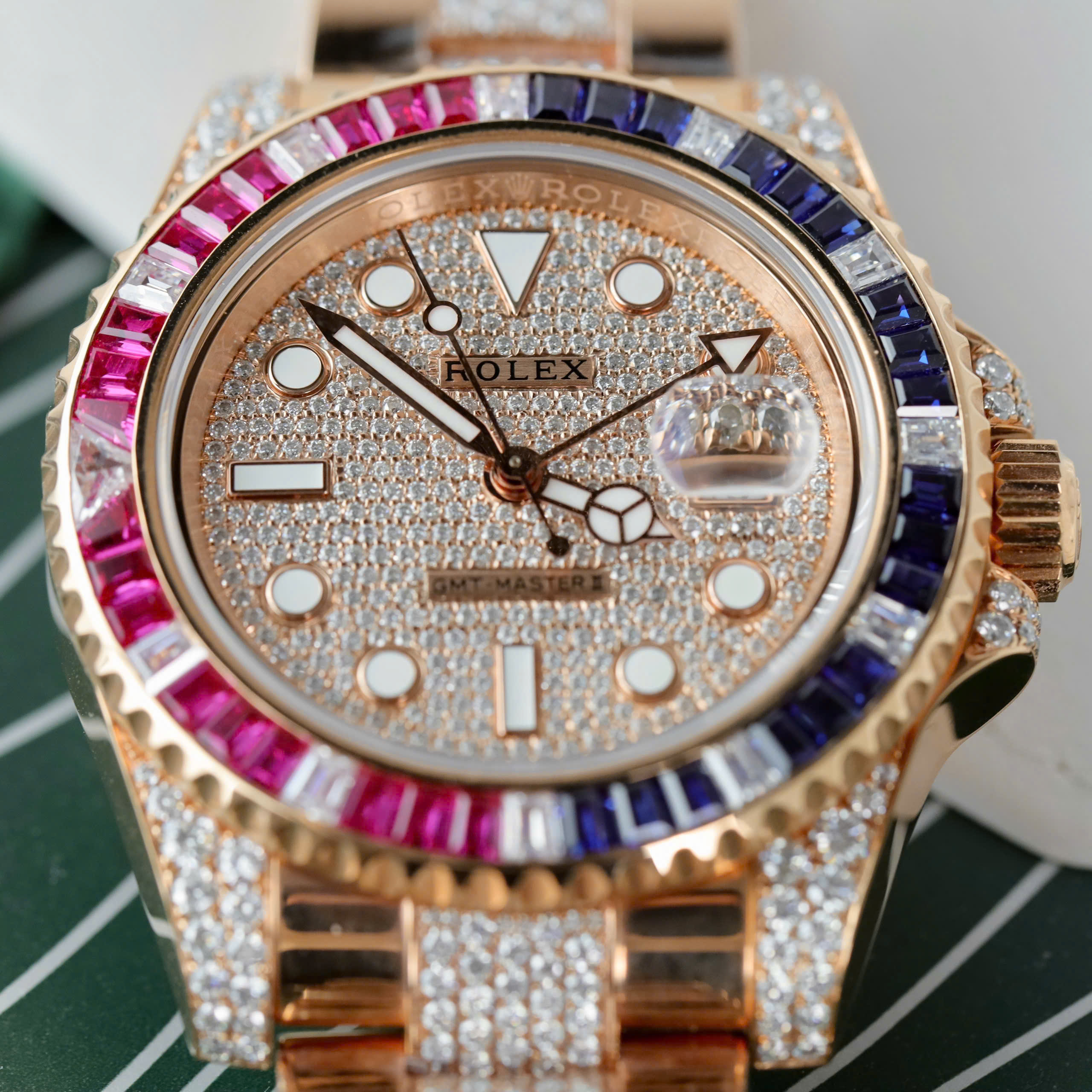 Rolex GMT-Master II 126755 SARU Luxury Replica Watch 18K Gold Wraaped Moissanite Dial Bezel Ruby Gem 40mm (6)