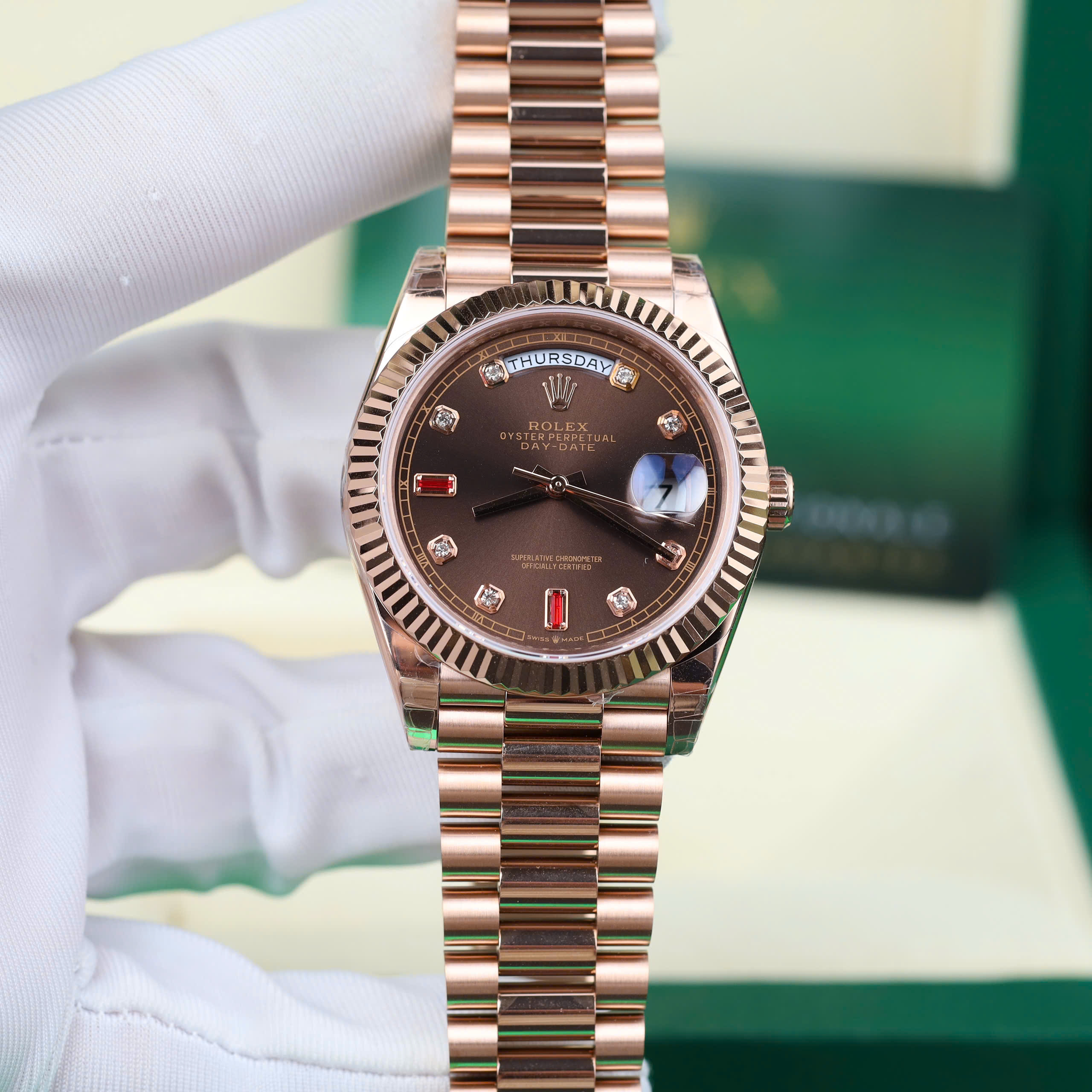 Rolex DateJust Good Imitation Watches Rose Gold Plate Brown Chocolate Dial Rhinestone Baguette + Ruby Hours 40mm (1)