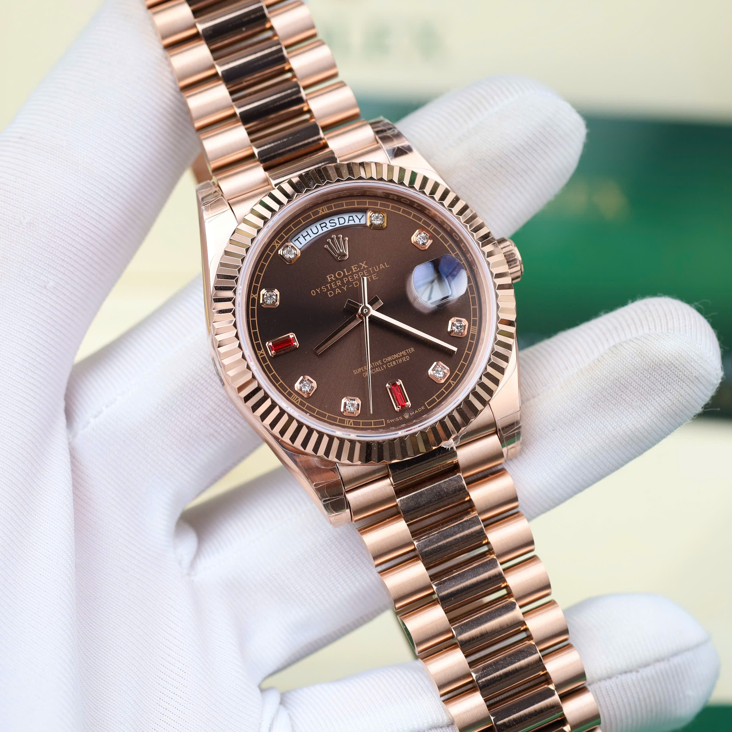 Rolex DateJust Good Imitation Watches Rose Gold Plate Brown Chocolate Dial Rhinestone Baguette + Ruby Hours 40mm (10)