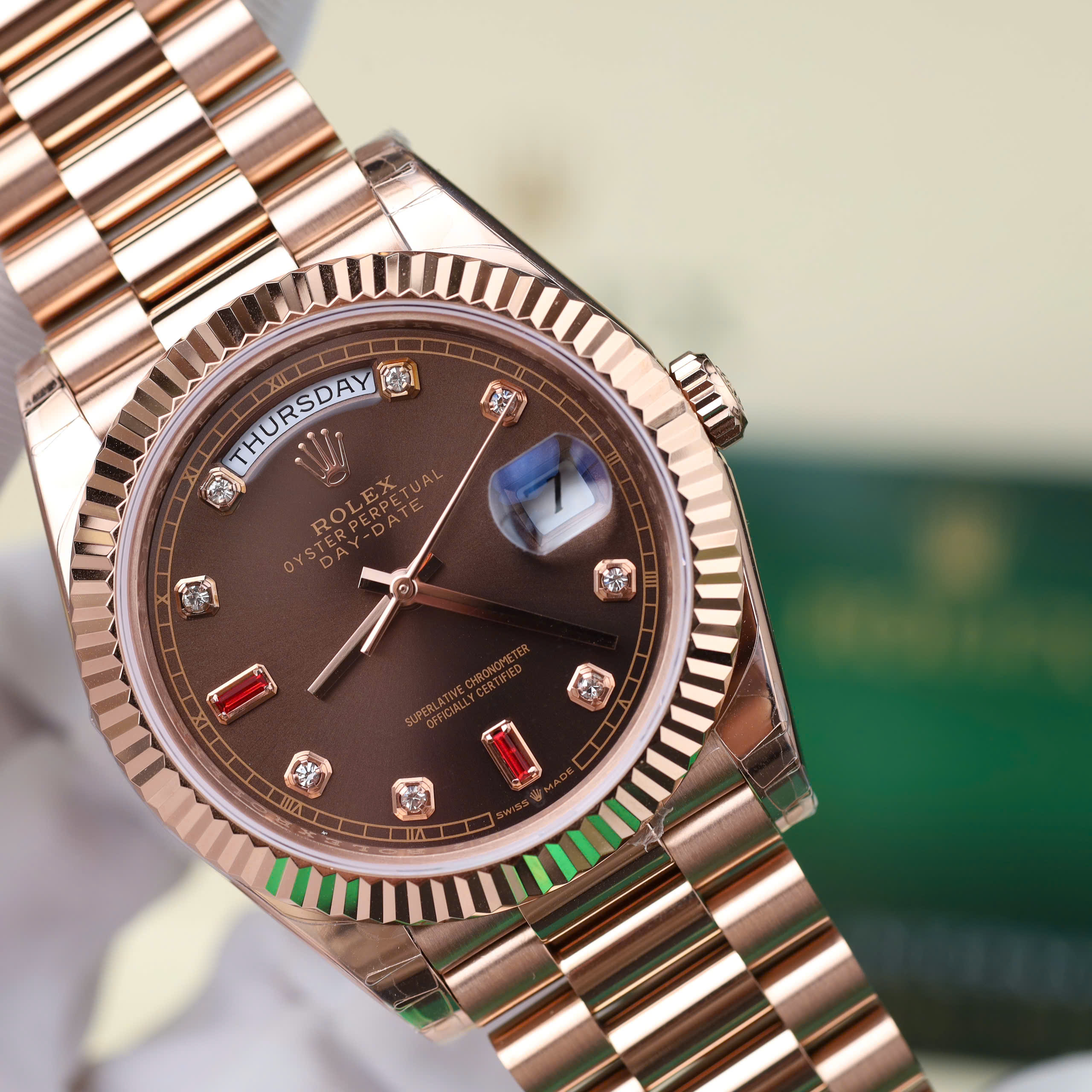 Rolex DateJust Good Imitation Watches Rose Gold Plate Brown Chocolate Dial Rhinestone Baguette + Ruby Hours 40mm (6)