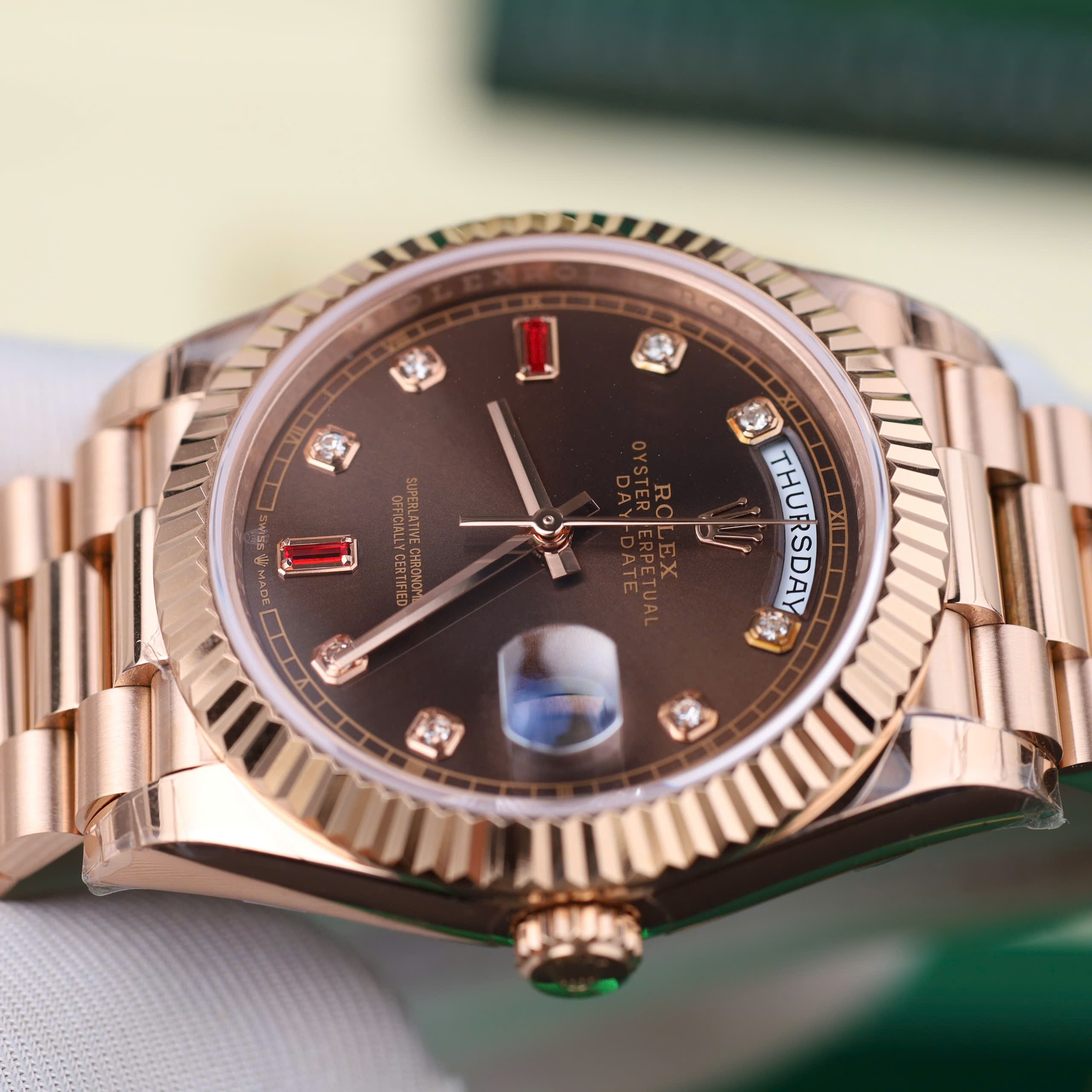 Rolex DateJust Good Imitation Watches Rose Gold Plate Brown Chocolate Dial Rhinestone Baguette + Ruby Hours 40mm (7)