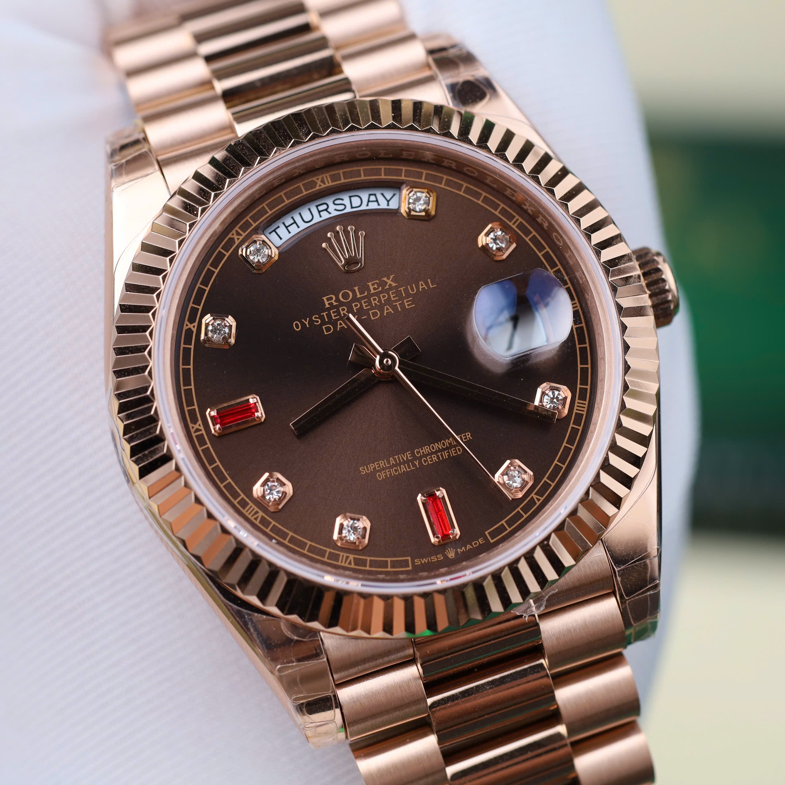 Rolex DateJust Good Imitation Watches Rose Gold Plate Brown Chocolate Dial Rhinestone Baguette + Ruby Hours 40mm (8)
