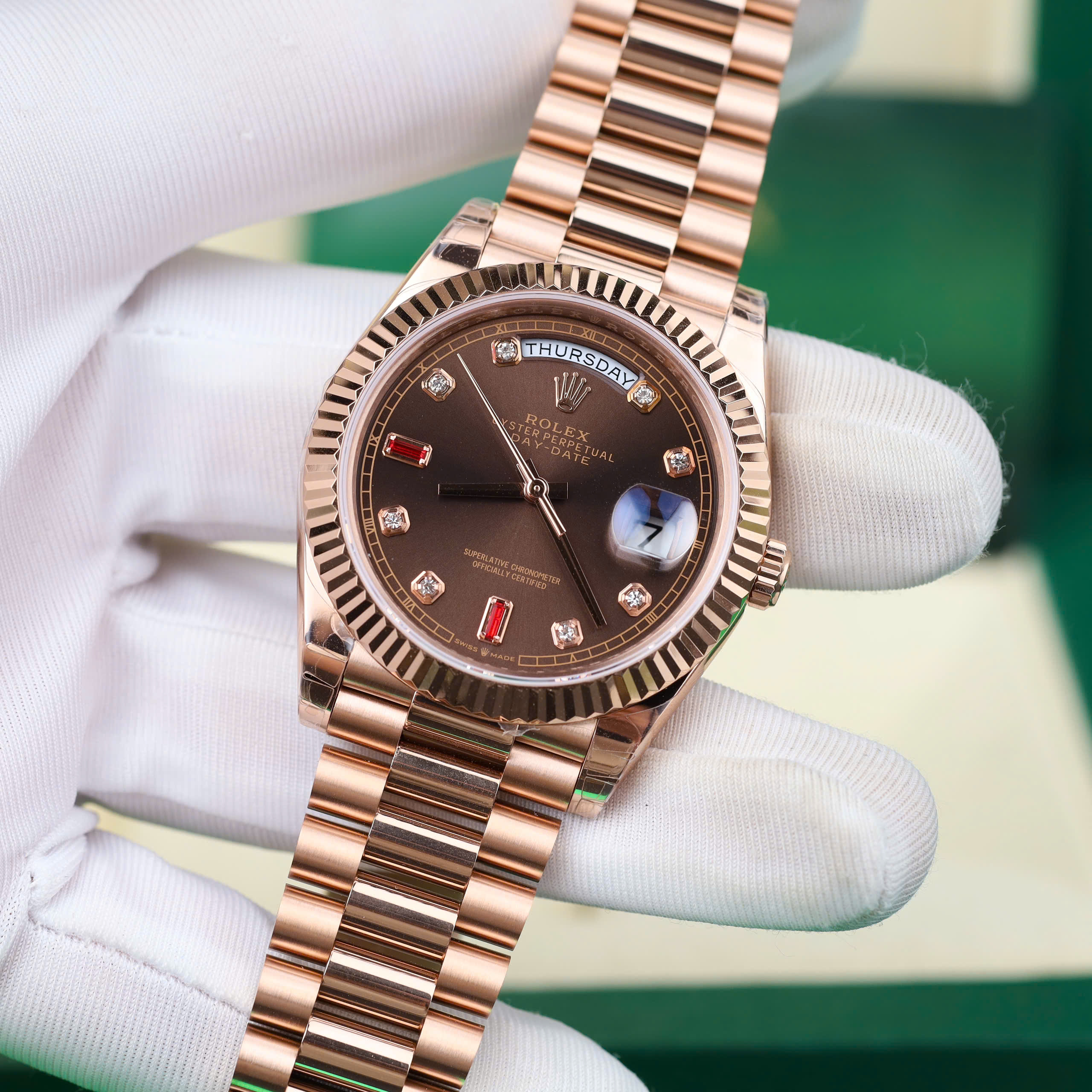 Rolex DateJust Good Imitation Watches Rose Gold Plate Brown Chocolate Dial Rhinestone Baguette + Ruby Hours 40mm (9)