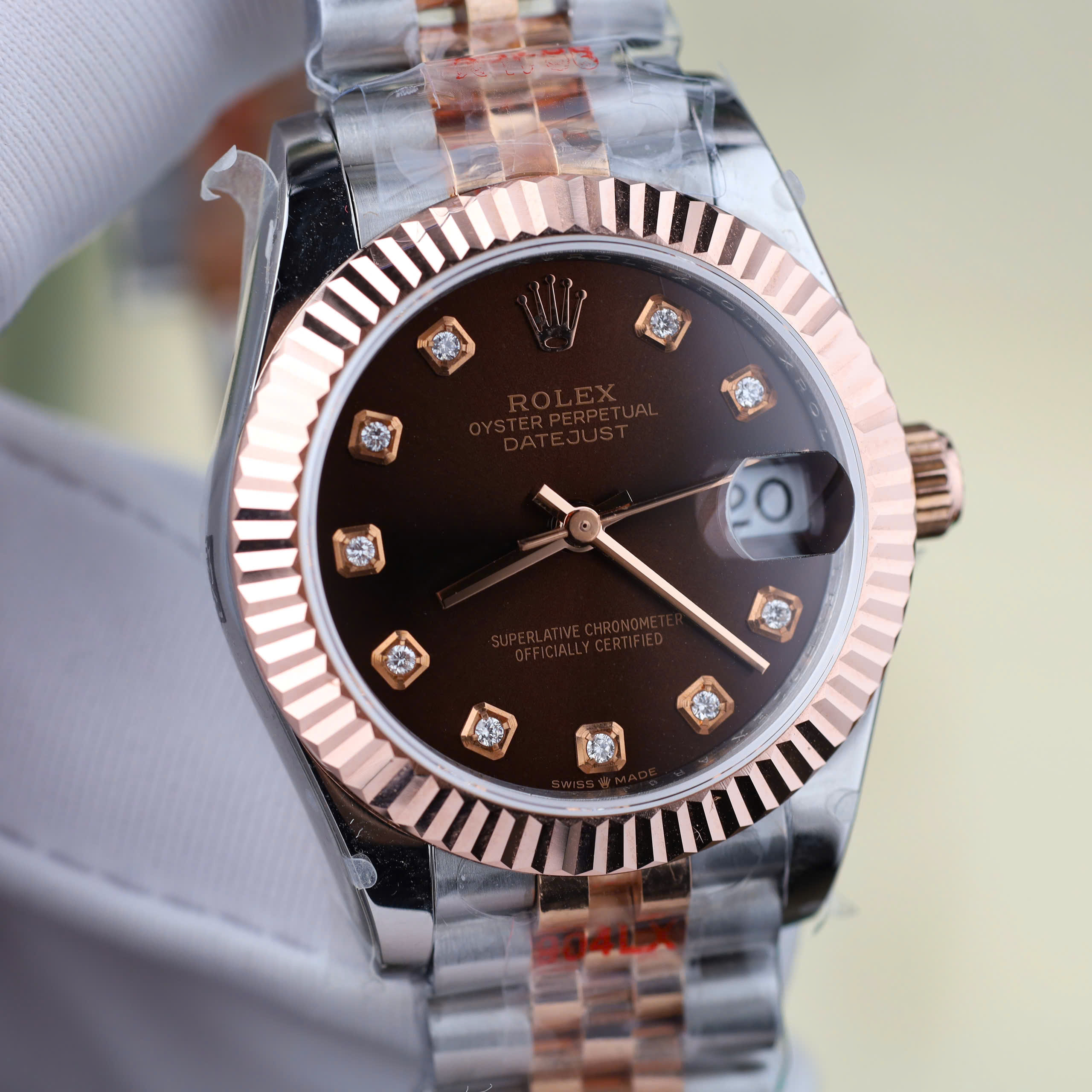 Rolex DateJust Knock Off Watch 18K Gold Wrapped Brown Chocolate Dial Natural Diamond Hours GM Factory 31mm (8)
