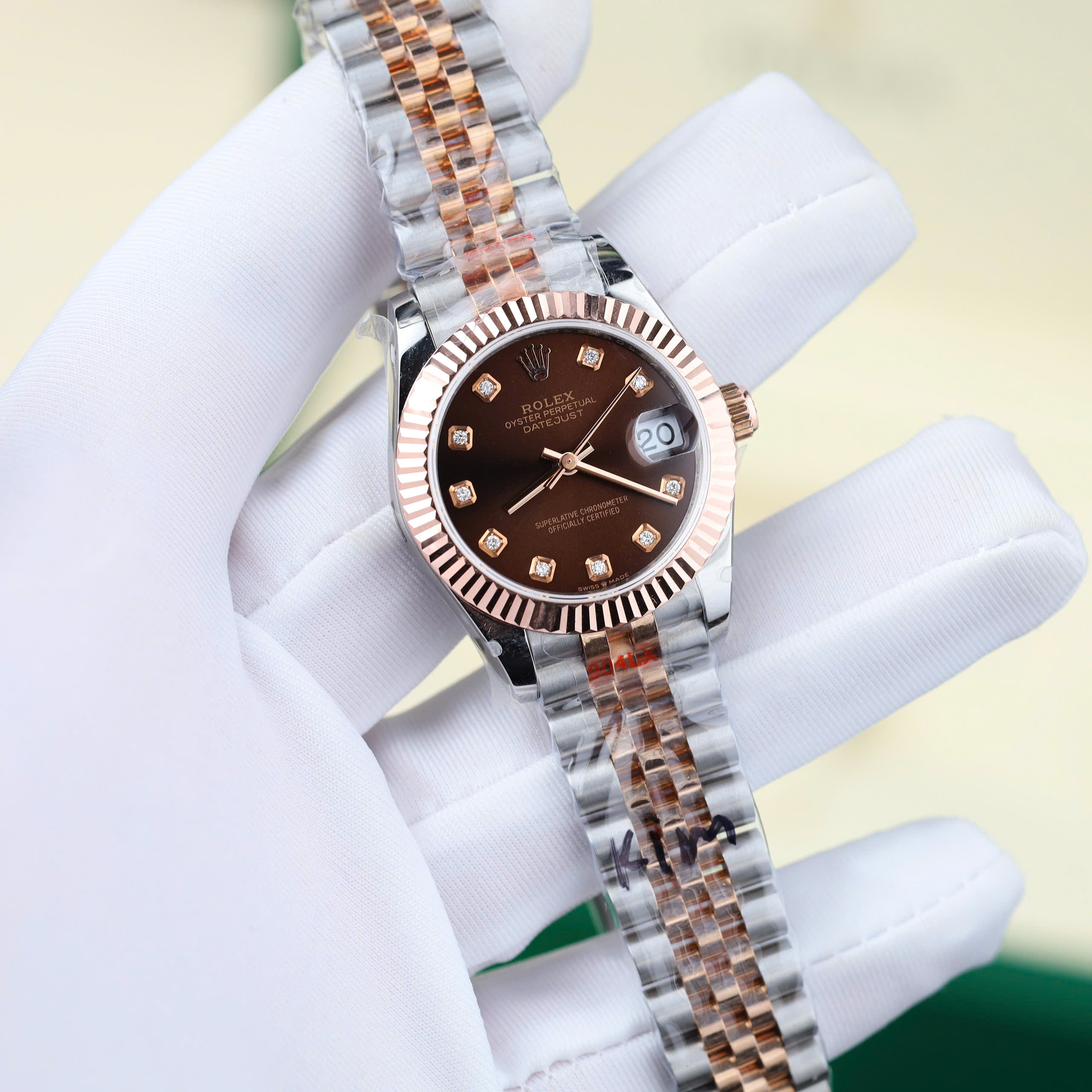 Rolex DateJust Knock Off Watch 18K Gold Wrapped Brown Chocolate Dial Natural Diamond Hours GM Factory 31mm (9)