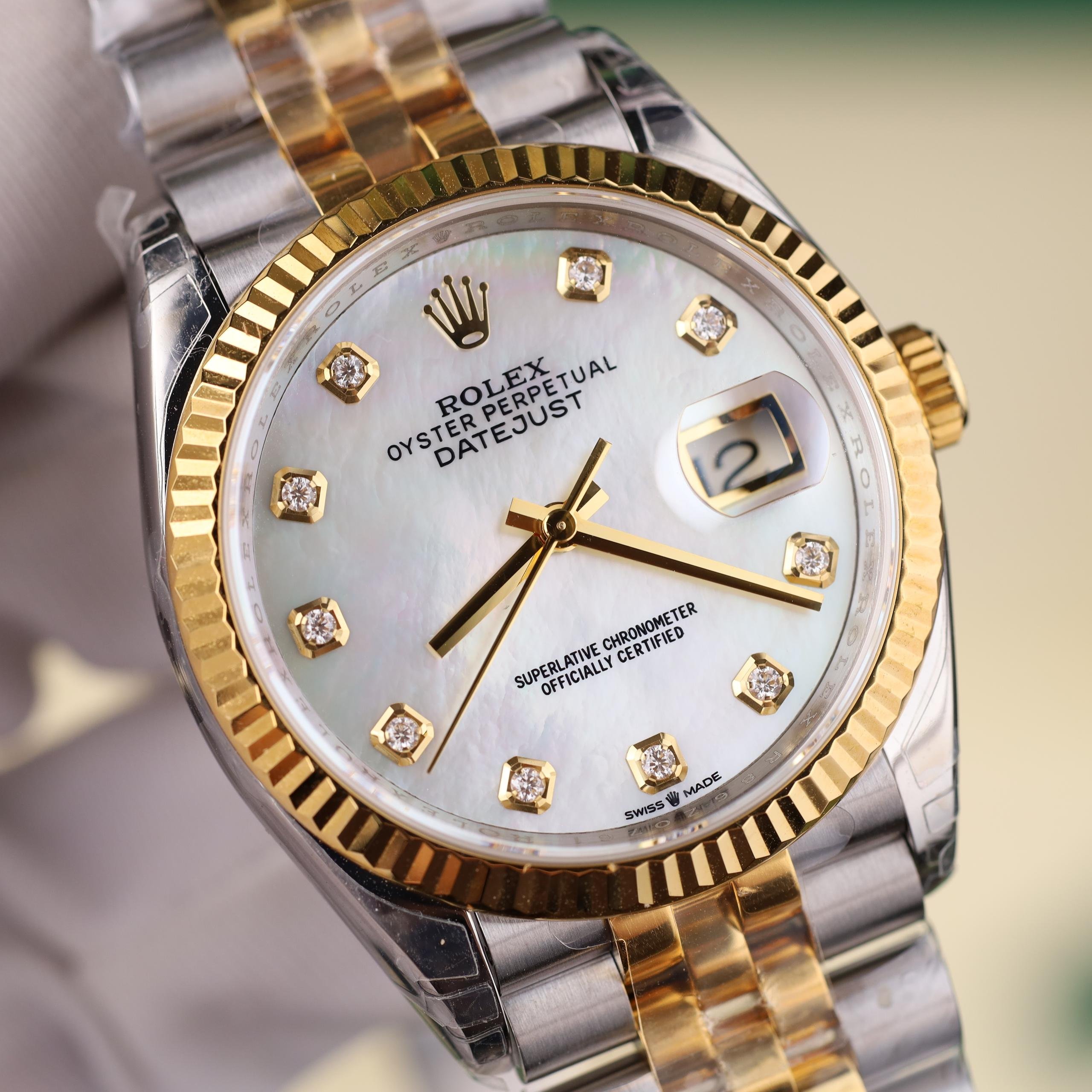 Rolex DateJust Replica Luxury Watches Two Tone Gold Plate Mother Of Pearl Dial Diamond Moissanite Hours VS Factory 41mm (6)