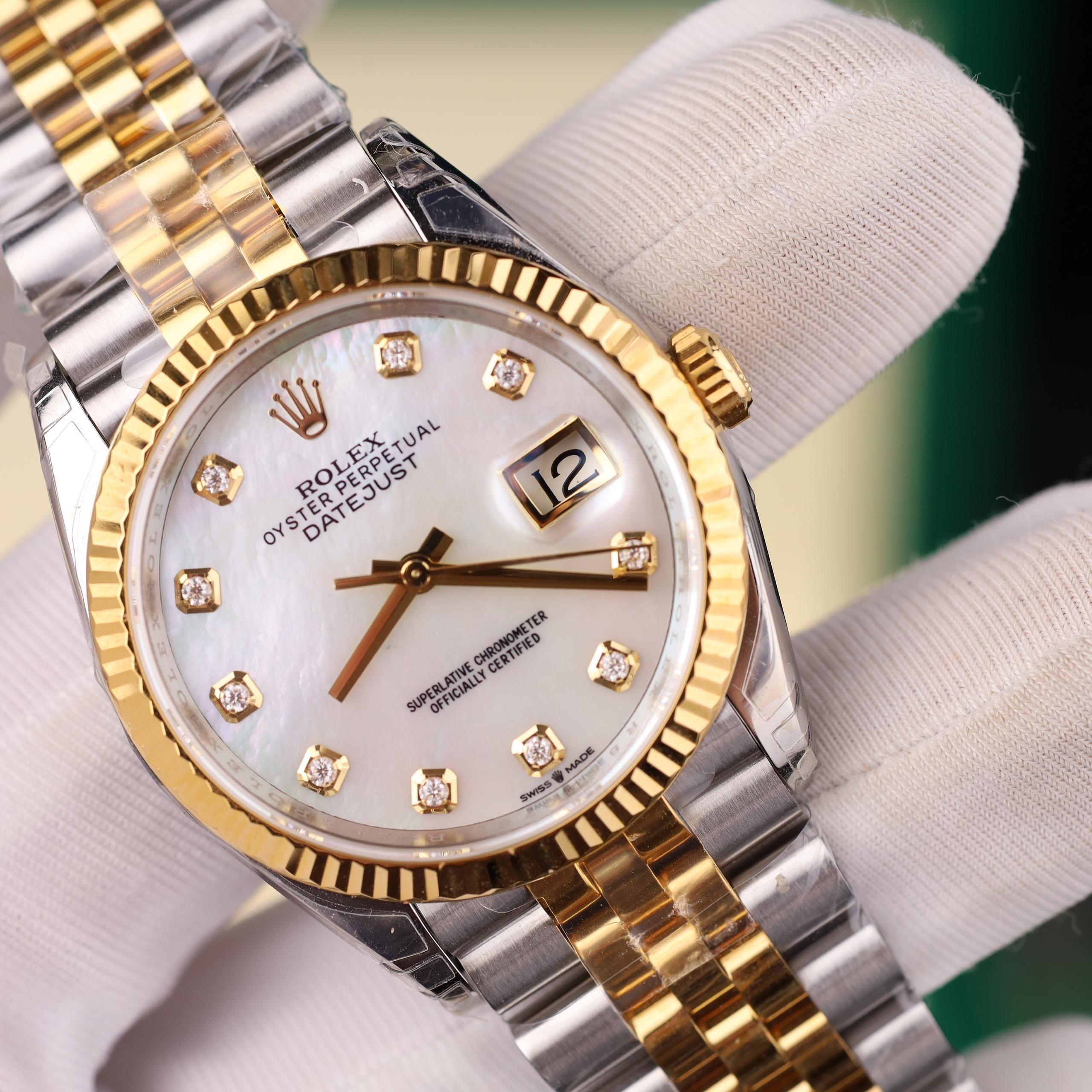 Rolex DateJust Replica Luxury Watches Two Tone Gold Plate Mother Of Pearl Dial Diamond Moissanite Hours VS Factory 41mm (7)