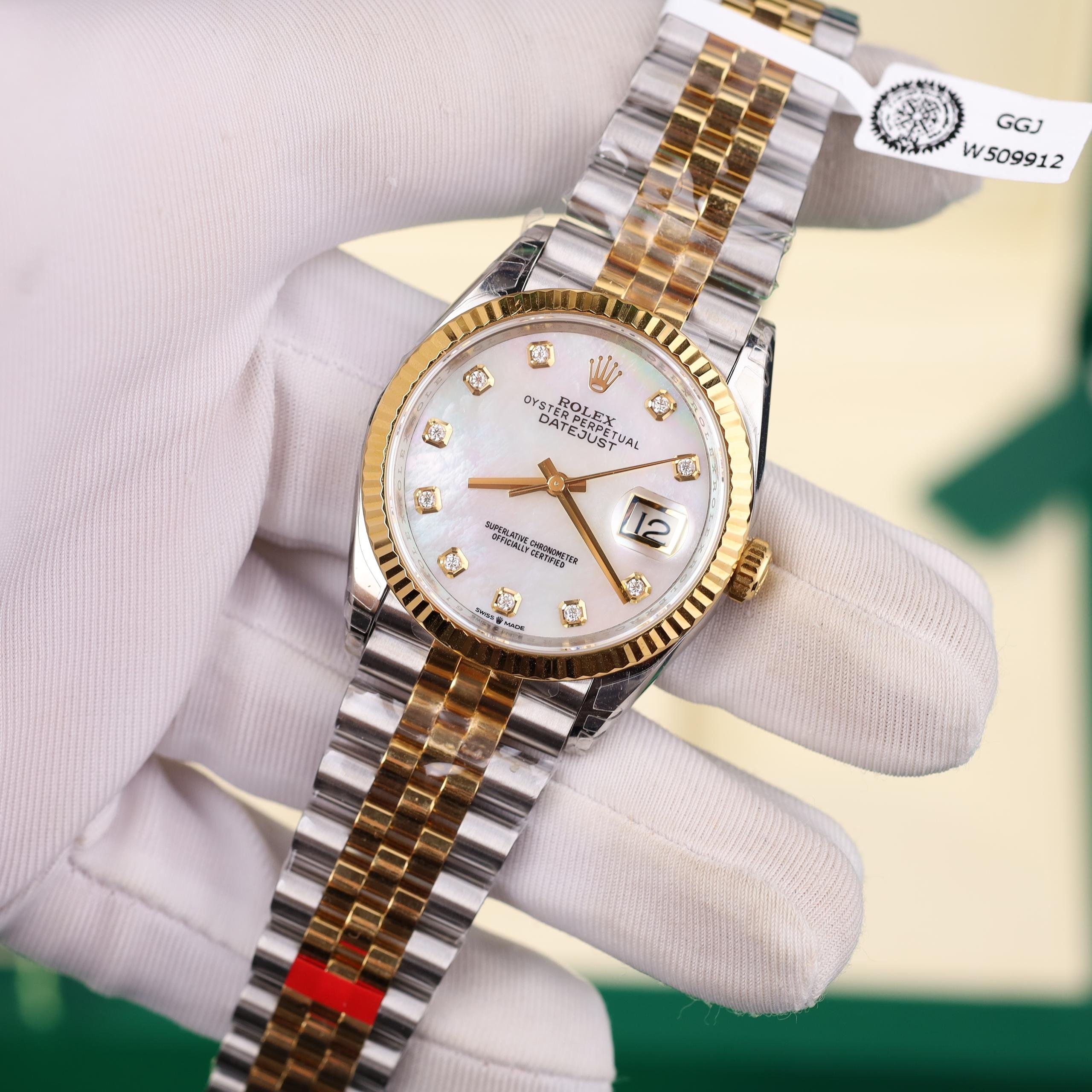 Rolex DateJust Replica Luxury Watches Two Tone Gold Plate Mother Of Pearl Dial Diamond Moissanite Hours VS Factory 41mm (8)