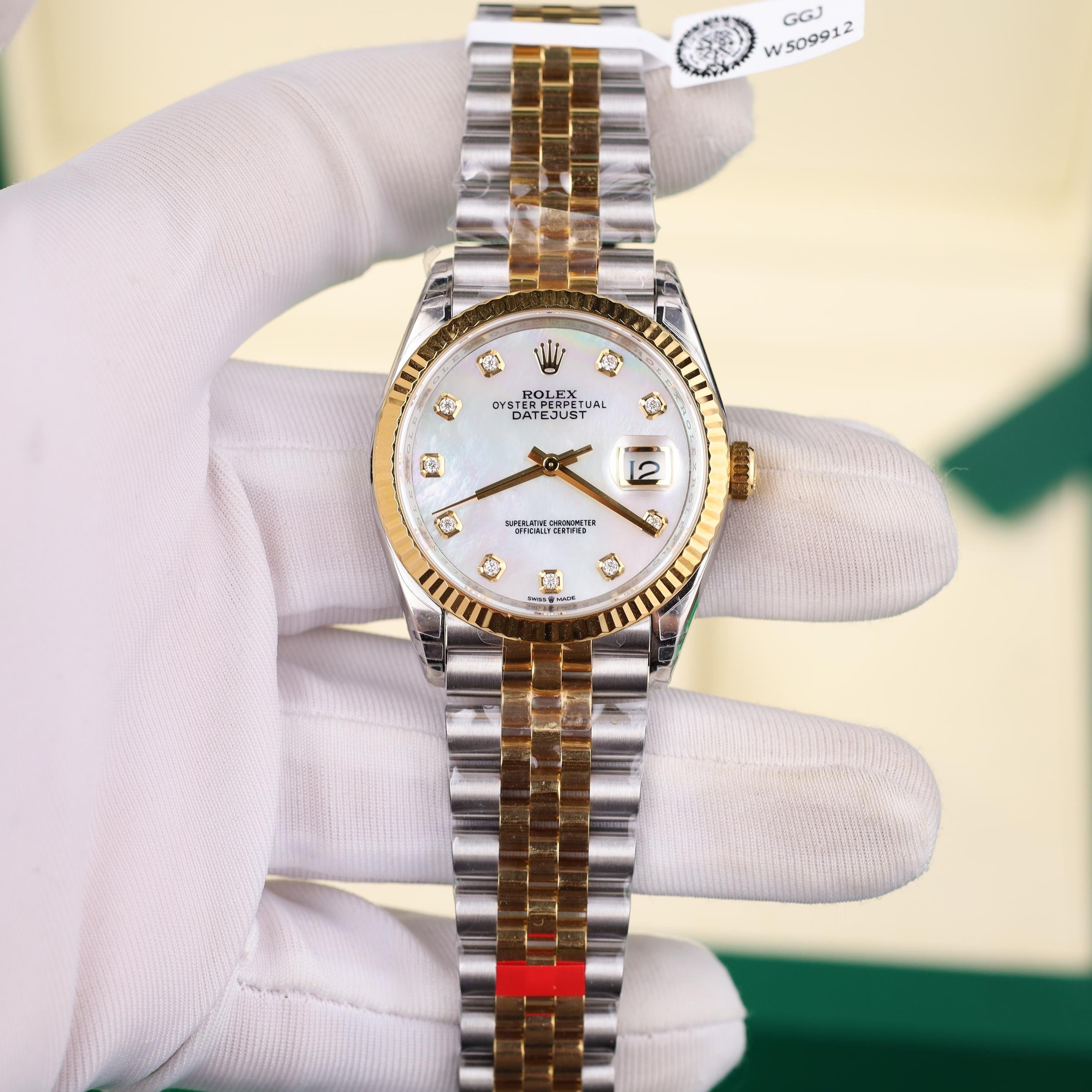 Rolex DateJust Replica Luxury Watches Two Tone Gold Plate Mother Of Pearl Dial Diamond Moissanite Hours VS Factory 41mm (9)