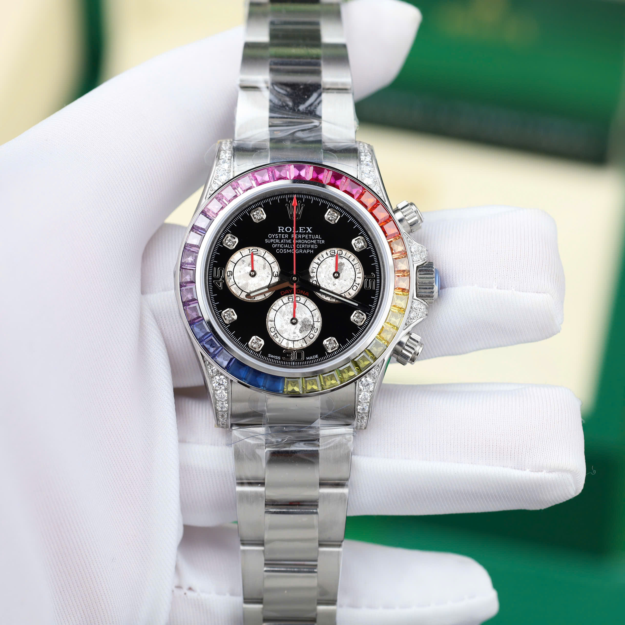 Rolex Daytona Rainbow Luxury Fake Watch Black Dial Rhinestone ETA 7750 Movement 40mm (1)