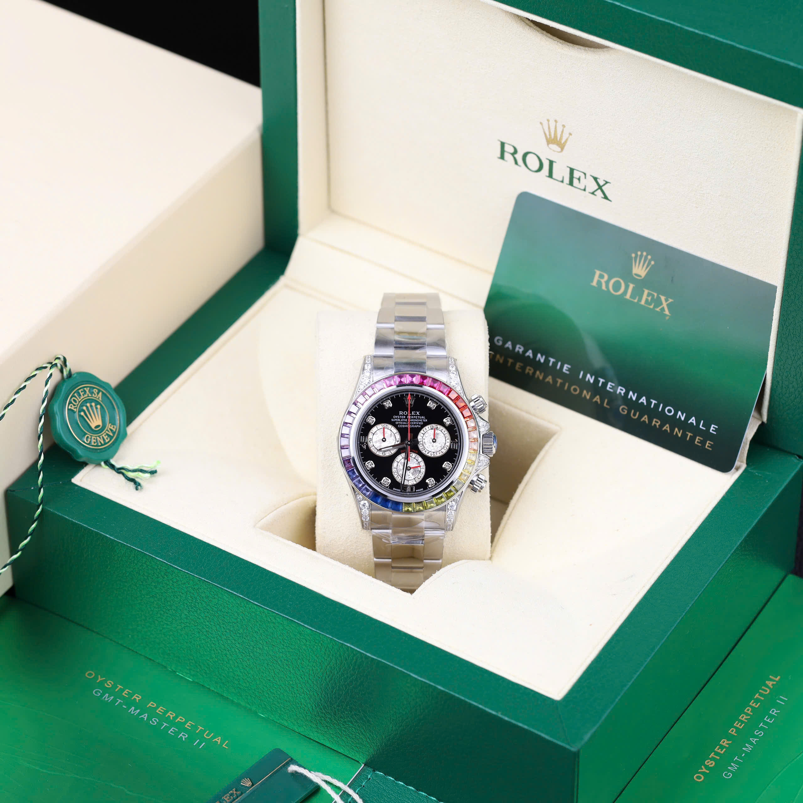 Rolex Daytona Rainbow Luxury Fake Watch Black Dial Rhinestone ETA 7750 Movement 40mm (2)