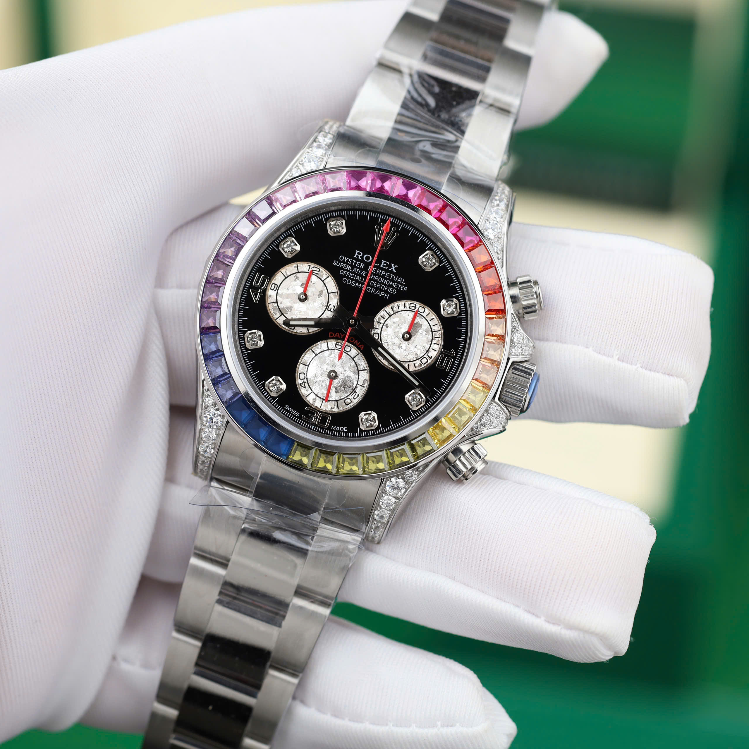 Rolex Daytona Rainbow Luxury Fake Watch Black Dial Rhinestone ETA 7750 Movement 40mm (7)